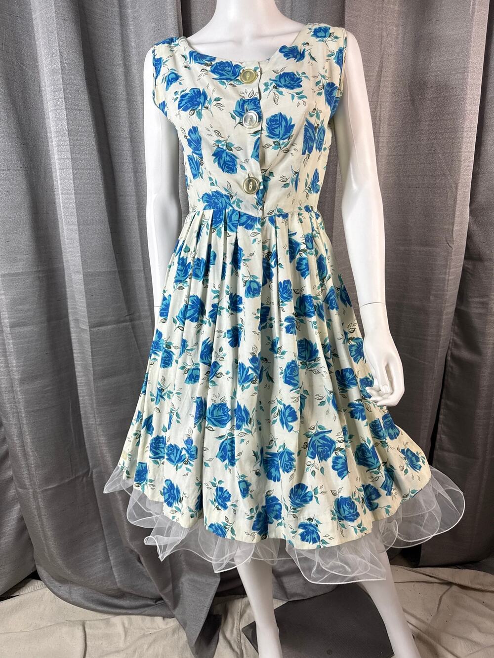 Vintage 60s Blue Rose Print Sundress Sz S-M